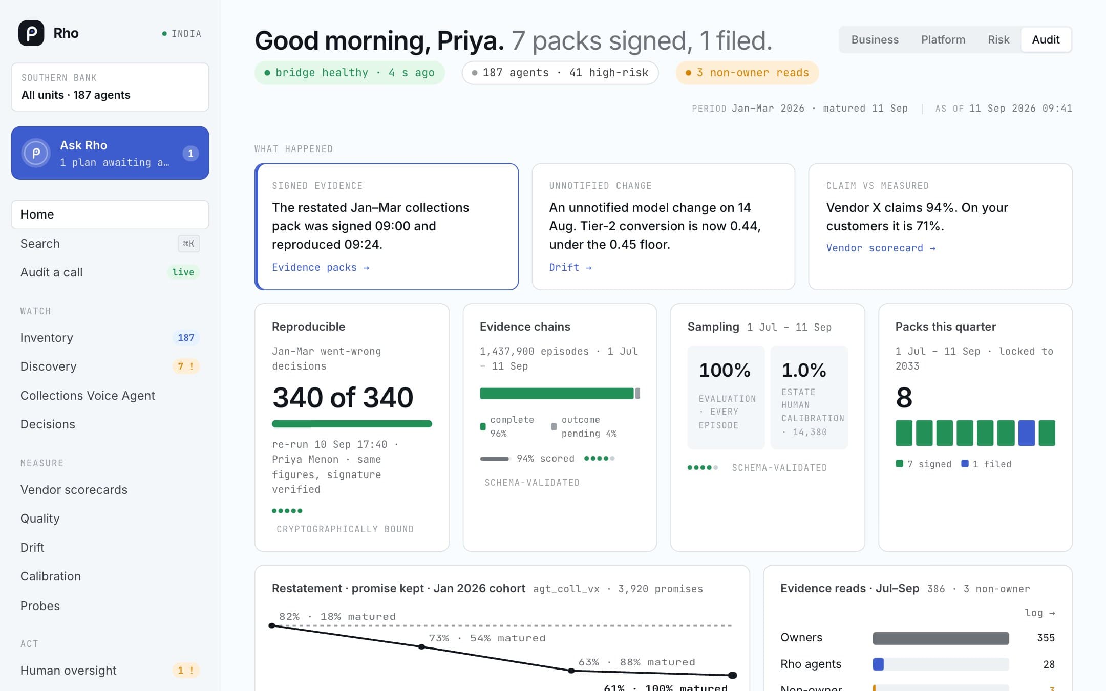 Rho's home screen in the audit view
